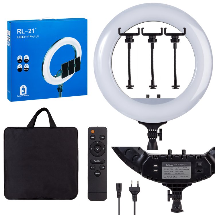 Кольцевая светодиодная LED лампа RL-21 Soft Ring Light, диаметр 54 см, с пультом и тремя держателями для смартфонов, без штатива